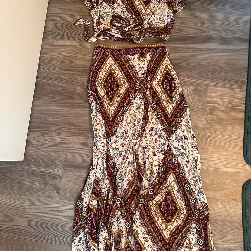 Bohemian Maxi Dress in Cream with Burgundy & Mustard Print